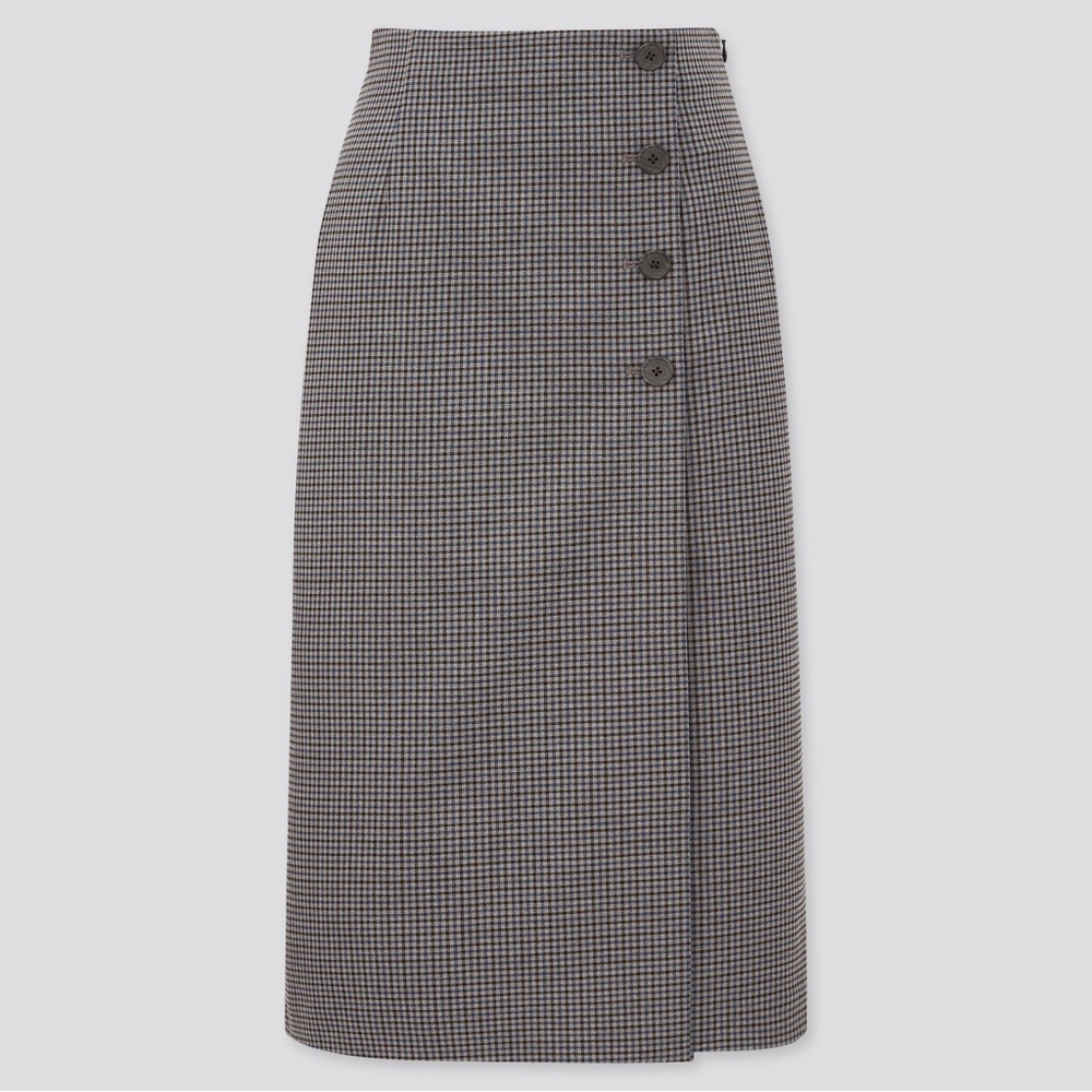 NWT Uniqlo Checkered Side Button Wrap Gray Midi Skirt XS